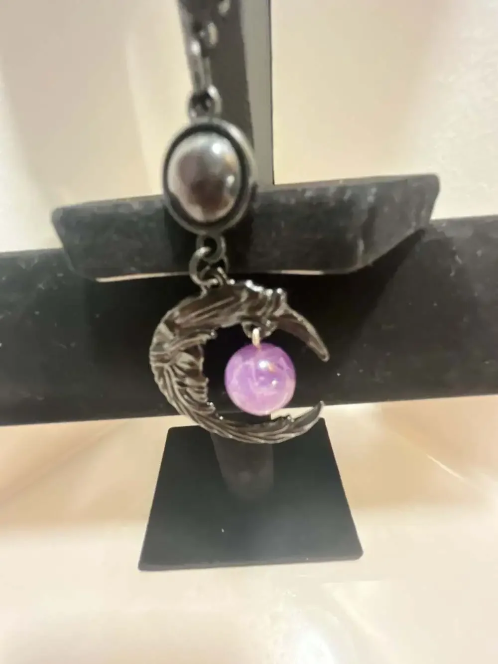 Gothic Black Crescent Moon Pendant Necklace with Purple Bead